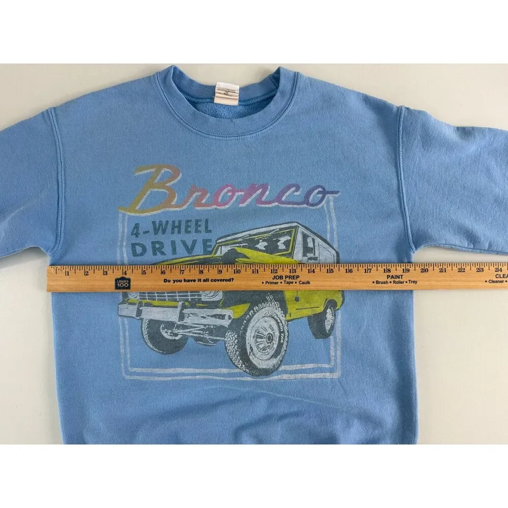 Junk Food Tees Bronco Sweatshirt XS Blue Ford 4 Wheel Drive Graphic Pullover